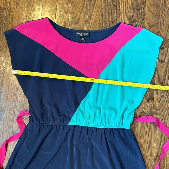 Navy Blue Color Block Dress with Pink Tie Around Waist - Picture 6 of 9